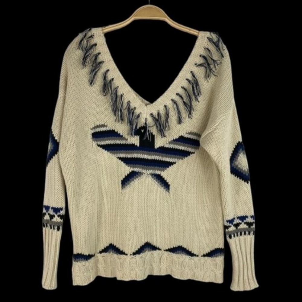 Chasor‎ Fringe Southwestern Sweater Women S Cream Navy Boho Western Pioneer Knit